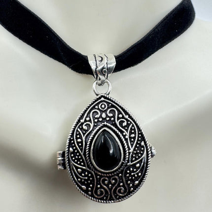 Vintage Poison Pillbox Velvet Choker Photo Locket - Silver, White Bronze, Black Onyx Antique Design Necklace