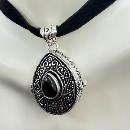 Vintage Poison Pillbox Velvet Choker Photo Locket - Silver, White Bronze, Black Onyx Antique Design Necklace