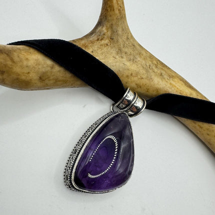 Amethyst Silver Bronze Choker - Black Velvet Ribbon