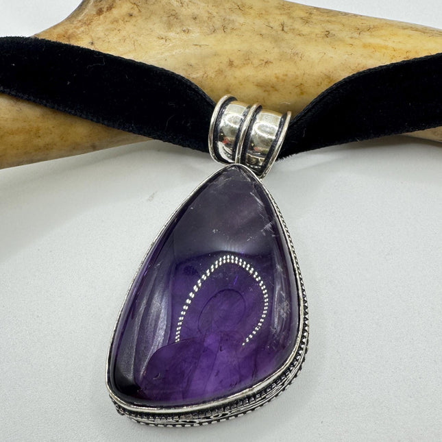 Amethyst Silver Bronze Choker - Black Velvet Ribbon