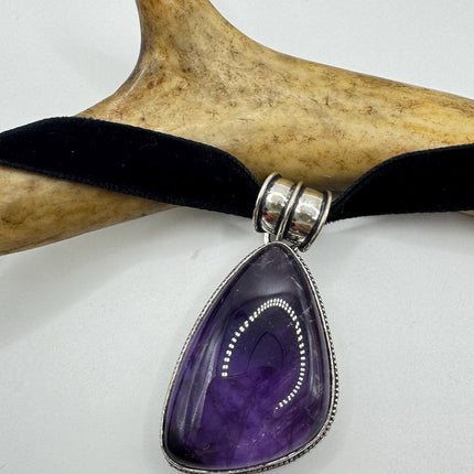 Amethyst Silver Bronze Choker - Black Velvet Ribbon
