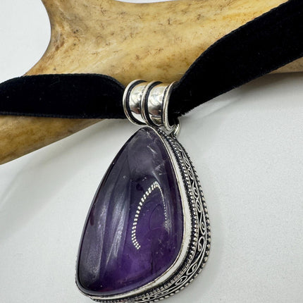 Amethyst Silver Bronze Choker - Black Velvet Ribbon