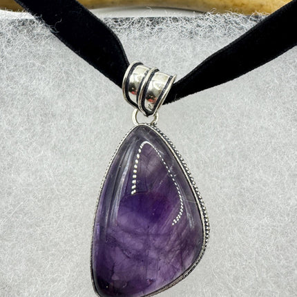 Amethyst Silver Bronze Choker - Black Velvet Ribbon