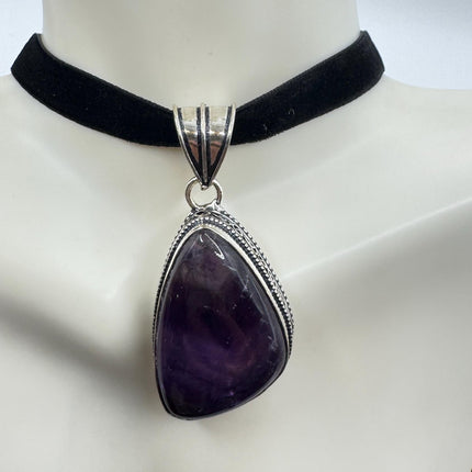 Amethyst Silver Bronze Choker - Black Velvet Ribbon