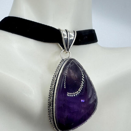 Amethyst Silver Bronze Choker - Black Velvet Ribbon