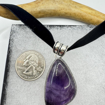 Amethyst Silver Bronze Choker - Black Velvet Ribbon