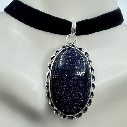 Black Goldstone Choker Necklace: Vintage Style (Black Velvet Ribbon, Chunky Pendant)