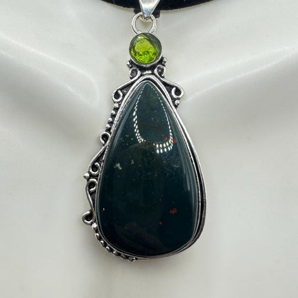Vintage Green Bloodstone Choker Necklace - Bronze and Silver Finish Black Velvet Ribbon Design