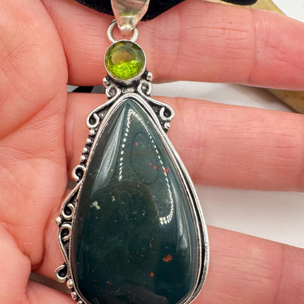 Vintage Green Bloodstone Choker Necklace - Bronze and Silver Finish Black Velvet Ribbon Design