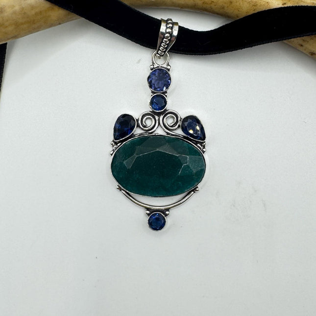 Vintage Green Chrysoprase Choker Necklace - Bronze and Silver Finish Black Velvet Ribbon Design