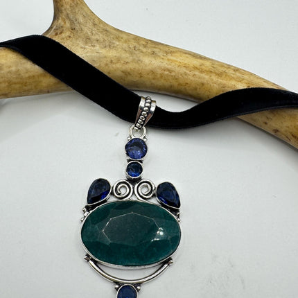 Vintage Green Chrysoprase Choker Necklace - Bronze and Silver Finish Black Velvet Ribbon Design