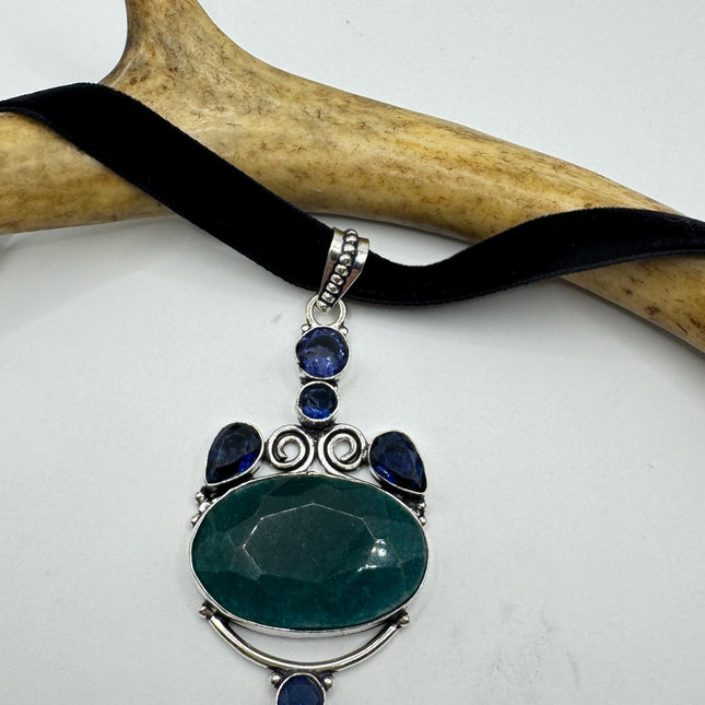 Vintage Green Chrysoprase Choker Necklace - Bronze and Silver Finish Black Velvet Ribbon Design