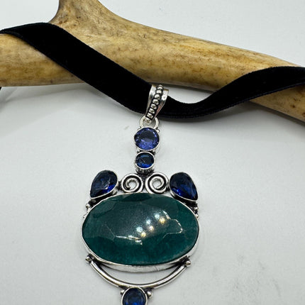 Vintage Green Chrysoprase Choker Necklace - Bronze and Silver Finish Black Velvet Ribbon Design