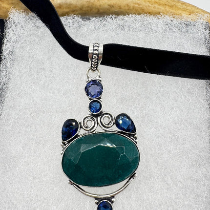 Vintage Green Chrysoprase Choker Necklace - Bronze and Silver Finish Black Velvet Ribbon Design