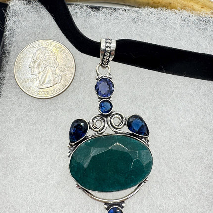 Vintage Green Chrysoprase Choker Necklace - Bronze and Silver Finish Black Velvet Ribbon Design