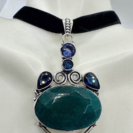 Vintage Green Chrysoprase Choker Necklace - Bronze and Silver Finish Black Velvet Ribbon Design