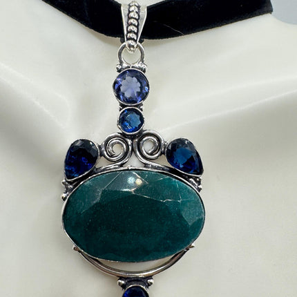 Vintage Green Chrysoprase Choker Necklace - Bronze and Silver Finish Black Velvet Ribbon Design