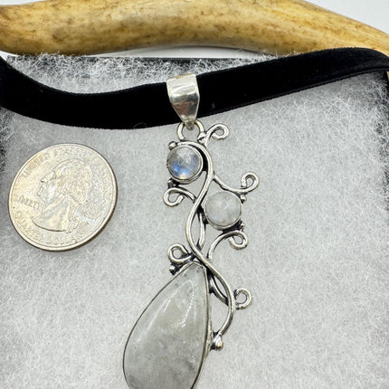 Vintage Silver Bronze Rainbow Moonstone Black Velvet Choker Pendant Necklace