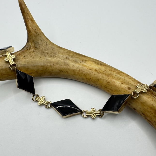 Vintage Black Onyx Bracelet: Gold Filled Bezel, Dainty Stackable