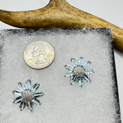 Vintage Blue Topaz Flower Earrings: Sterling Silver Studs