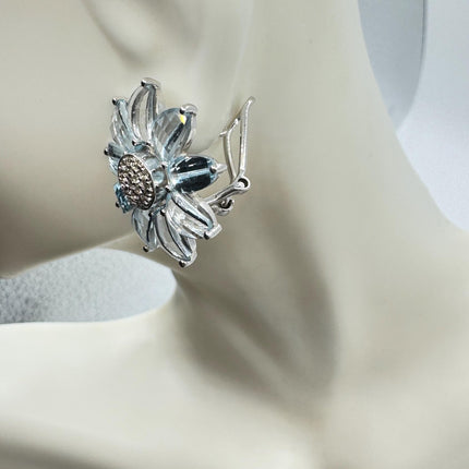 Vintage Blue Topaz Flower Earrings: Sterling Silver Studs