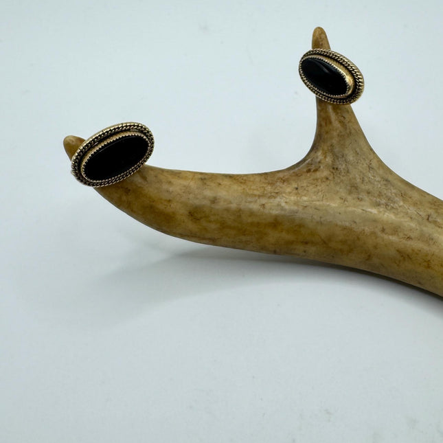 Vintage Black Onyx Screw Clip-On Earrings: Gold Filled Swirl Deco