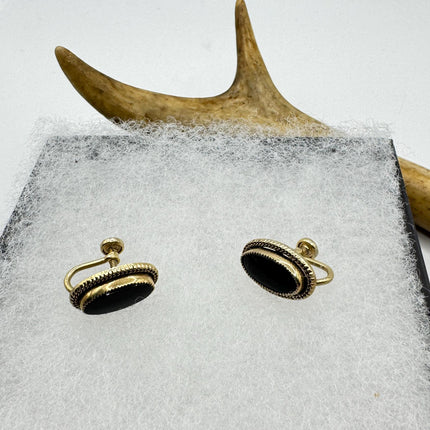 Vintage Black Onyx Screw Clip-On Earrings: Gold Filled Swirl Deco