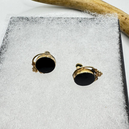 Vintage Black Onyx Screw Clip-On Earrings: Gold Filled Swirl Deco
