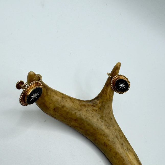Vintage Black Onyx Screw Clip-On Earrings: Gold Filled Swirl Deco