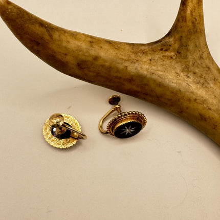 Vintage Black Onyx Screw Clip-On Earrings: Gold Filled Swirl Deco