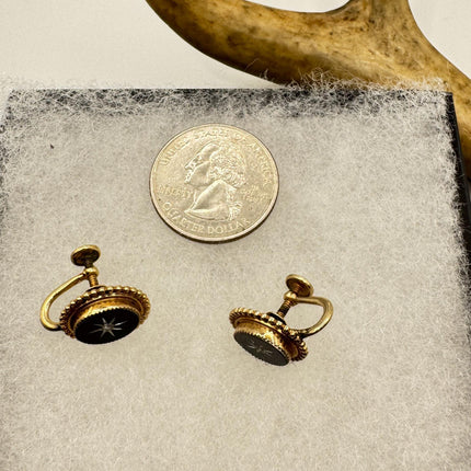 Vintage Black Onyx Screw Clip-On Earrings: Gold Filled Swirl Deco