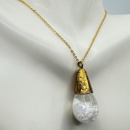 Vintage White Fire Floating Opal Necklace Gold Filled