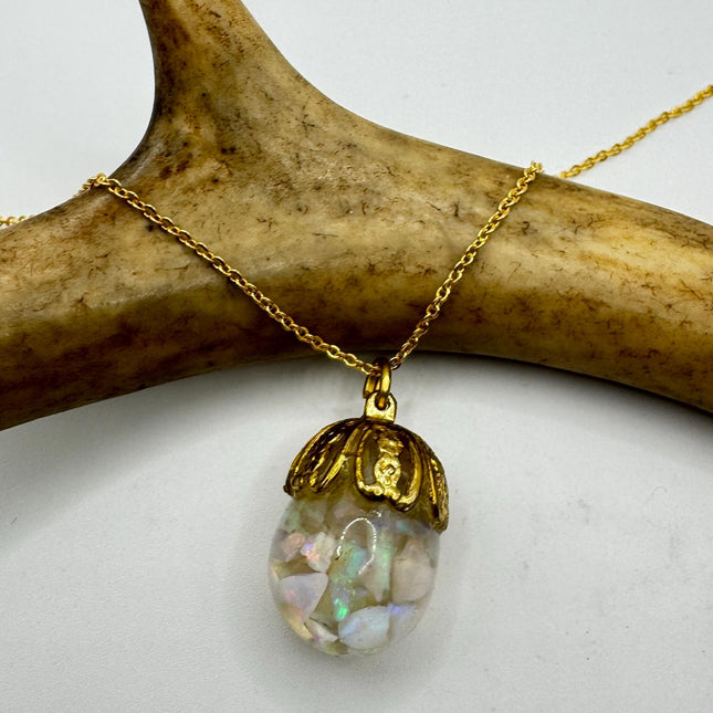 Vintage White Fire Floating Opal Necklace Gold Filled