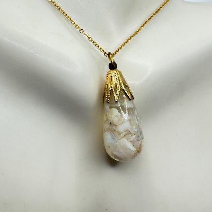Vintage White Fire Floating Opal Necklace Gold Filled