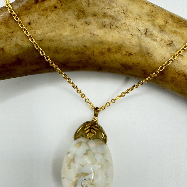 Vintage White Fire Floating Opal Necklace Gold Filled