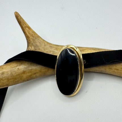 Black Onyx Brooch Pin - Vintage Gold Filled on Velvet Choker