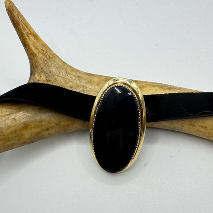 Black Onyx Brooch Pin - Vintage Gold Filled on Velvet Choker