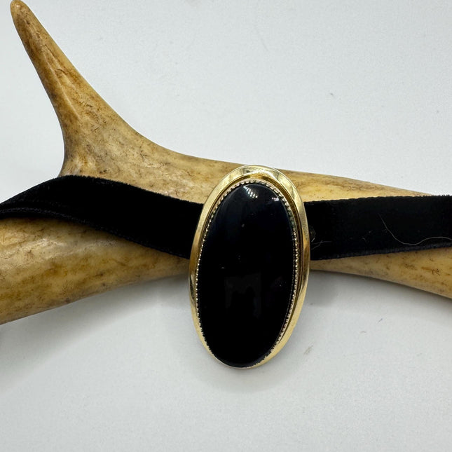Black Onyx Brooch Pin - Vintage Gold Filled on Velvet Choker