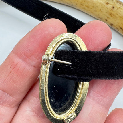 Black Onyx Brooch Pin - Vintage Gold Filled on Velvet Choker