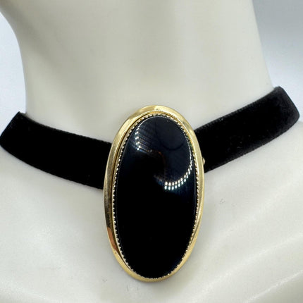 Black Onyx Brooch Pin - Vintage Gold Filled on Velvet Choker