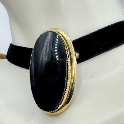 Black Onyx Brooch Pin - Vintage Gold Filled on Velvet Choker