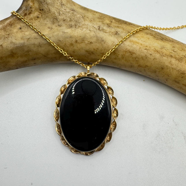 Black Onyx Brooch Pin Necklace Vintage Gold Filled on Chain