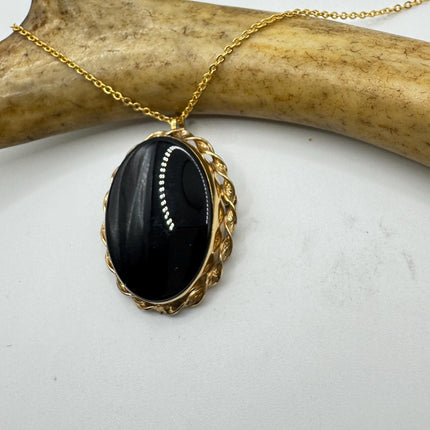 Black Onyx Brooch Pin Necklace Vintage Gold Filled on Chain