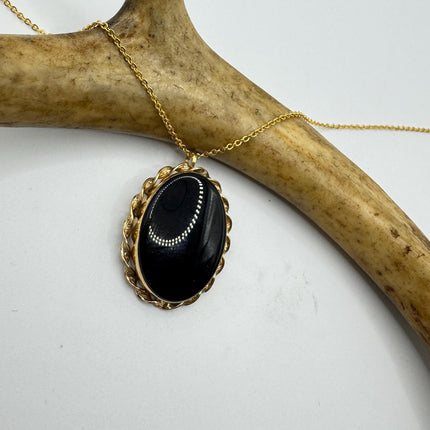 Black Onyx Brooch Pin Necklace Vintage Gold Filled on Chain