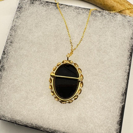 Black Onyx Brooch Pin Necklace Vintage Gold Filled on Chain