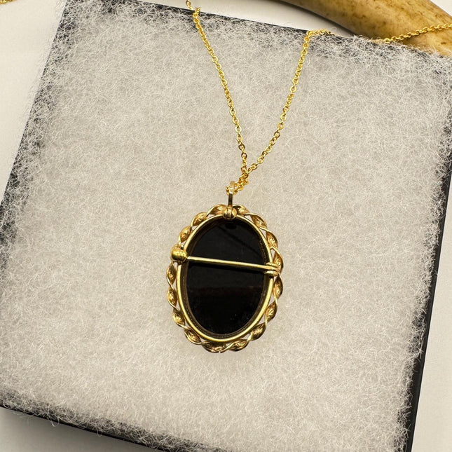 Black Onyx Brooch Pin Necklace Vintage Gold Filled on Chain