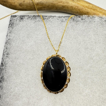 Black Onyx Brooch Pin Necklace Vintage Gold Filled on Chain