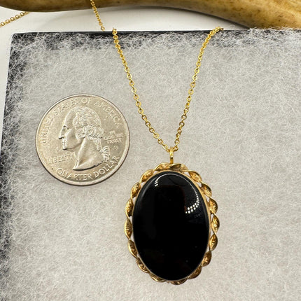 Black Onyx Brooch Pin Necklace Vintage Gold Filled on Chain