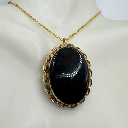 Black Onyx Brooch Pin Necklace Vintage Gold Filled on Chain