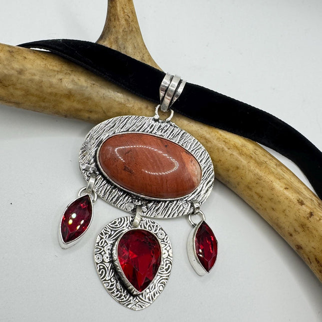 Vintage Red Jasper and Ruby Glass Silver Boho Statement Necklace Black Velvet Choker
